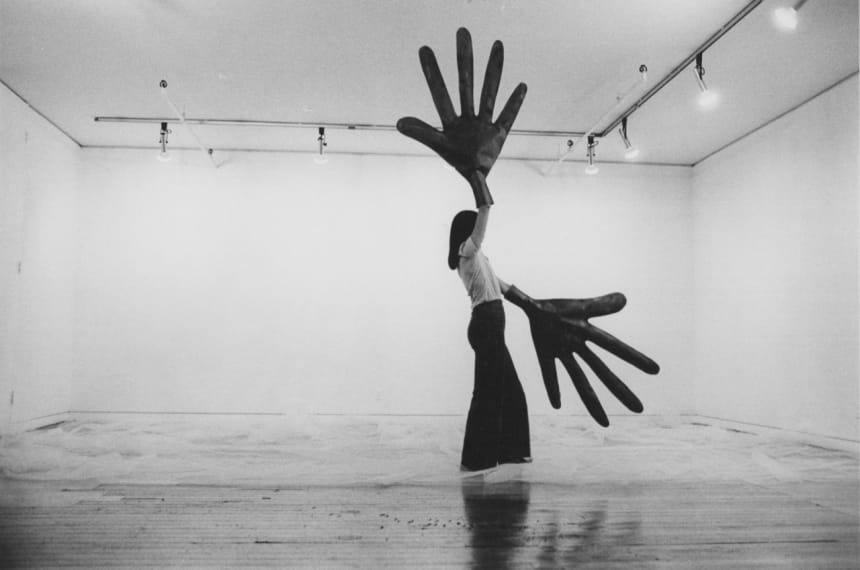 Sylvia Palacios Whitman (born Chile, 1941; lives and works in the United States). Passing Through, Sonnabend Gallery, 1977. Documentation of performance; photographer: Babette Mangolte. Photograph, 11 × 14 in. (27.9 × 35.6 cm). Courtesy of Babette Mangolte. © 1977 Babette Mangolte (all rights of reproduction reserved)