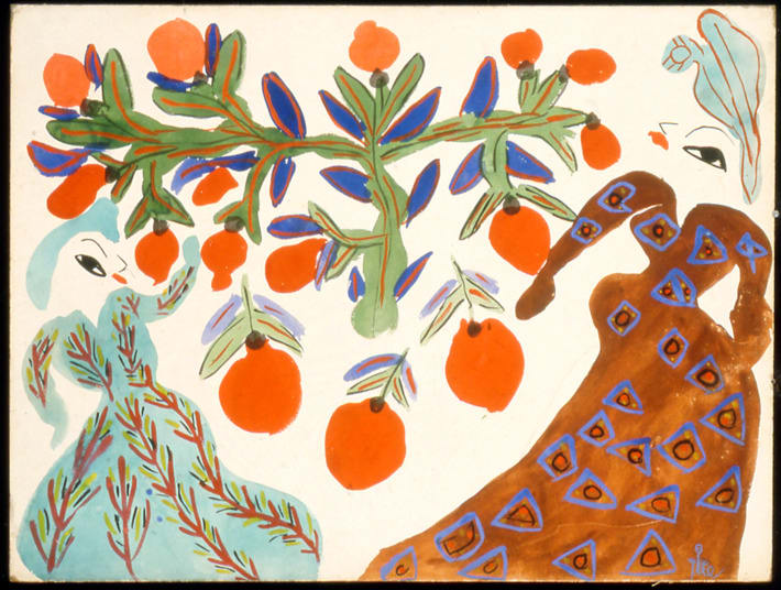 Baya, Femmes et orangers fond blanc, (Women and orange trees on a white background), 1947; Gouache on board 18 7⁄8 x 24 3⁄4 in. (47.9 x 62.9 cm); Collection of Isabelle Maeght, Paris © Photo Galerie Maeght, Paris via The Cut
