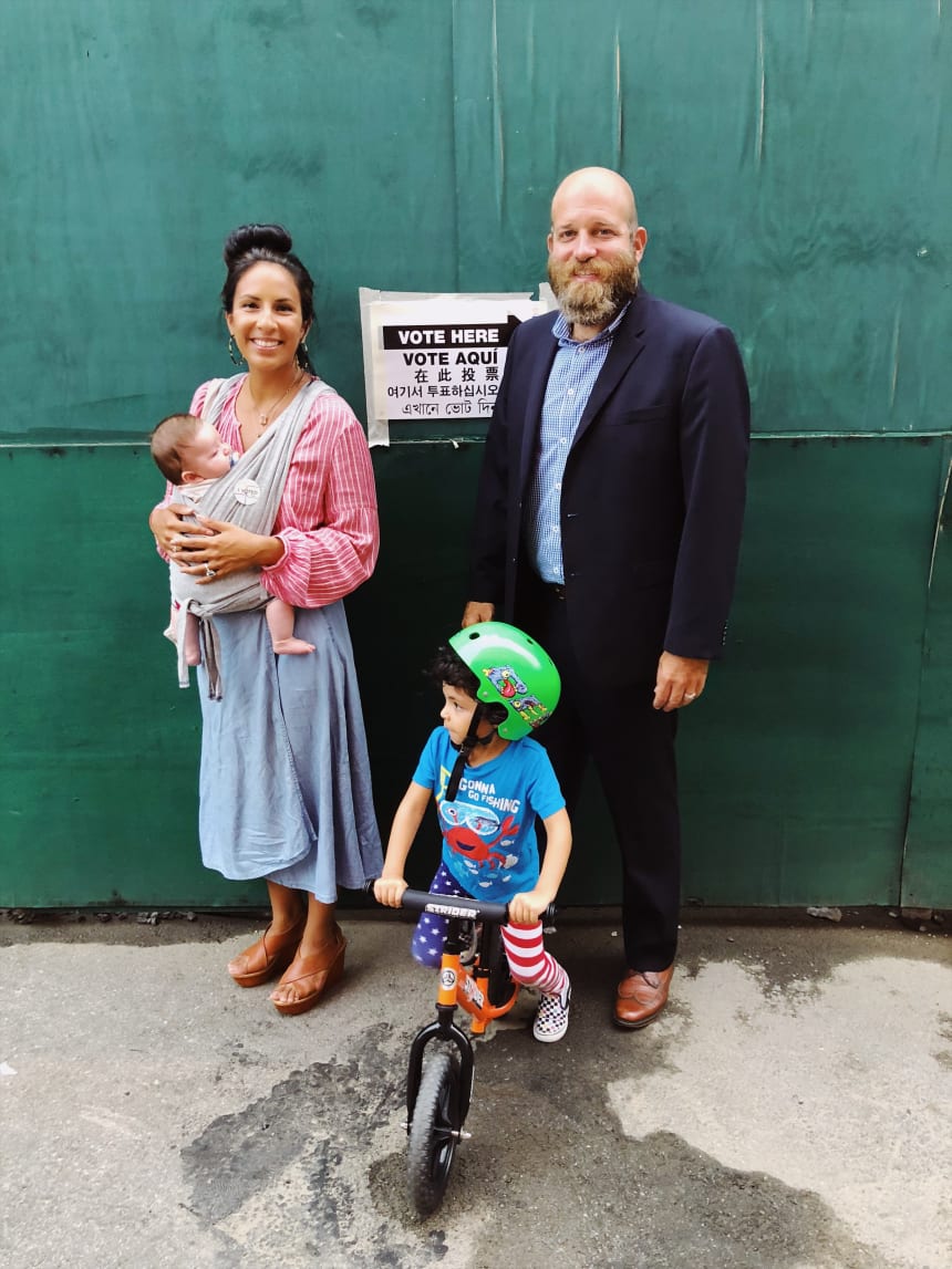 The Fold's Arts & Culture Editor, Nora Gomez-Strauss, with her family on the day she and her husband, David Strauss, won their Democratic County Committee seats.