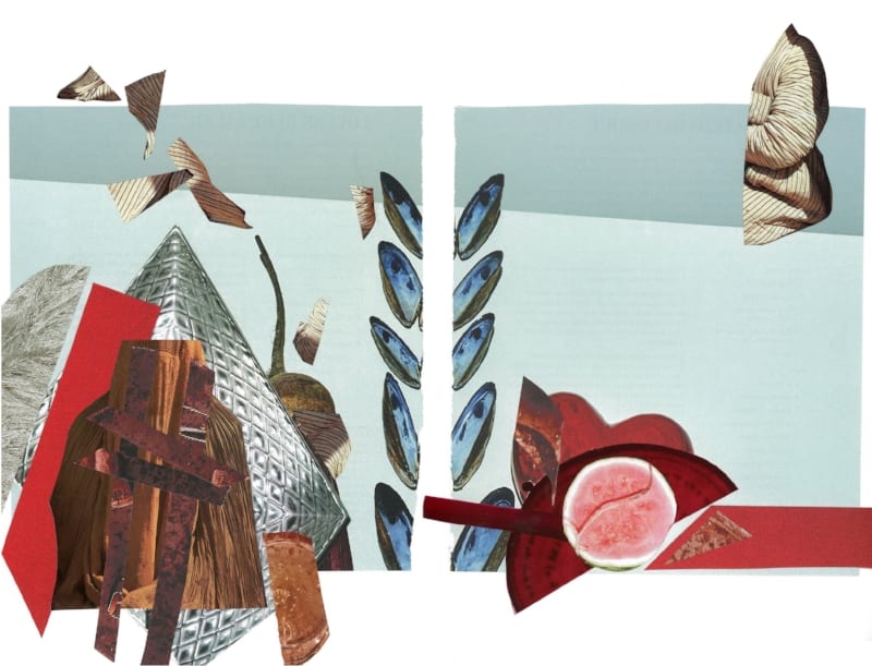 Relationships by Rosie Bowker, original collage, 20" x 16", framed, $800