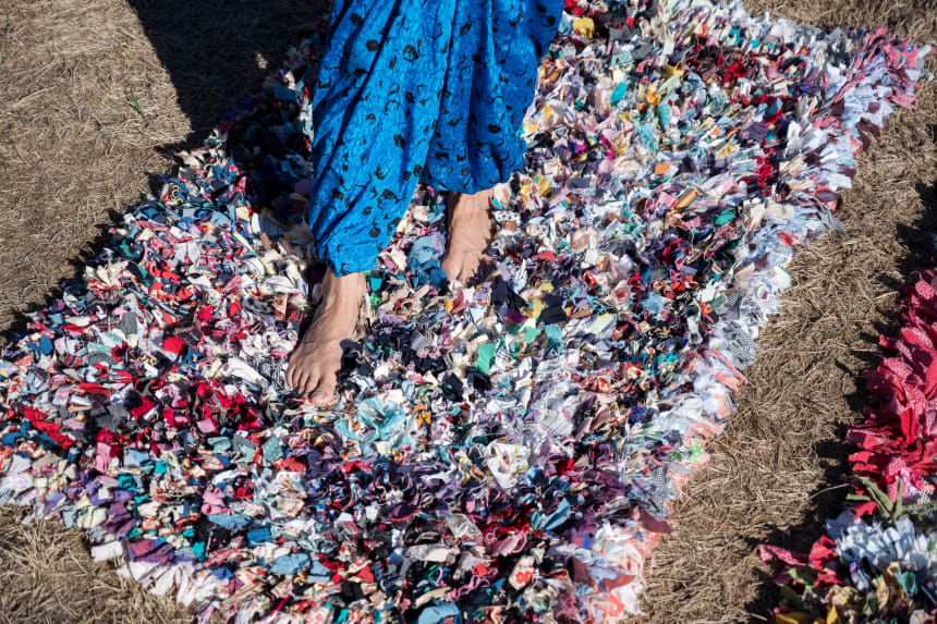 The artist and author Leanne Shapton has been transforming her old clothing, and clothing from friends and neighbors, into bright, deeply textured rugs.Credit...Karsten Moran for The New York Times.